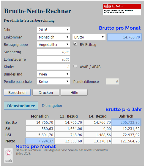 Gehalt eines Klubobmanns laut Brutto Netto Rechner